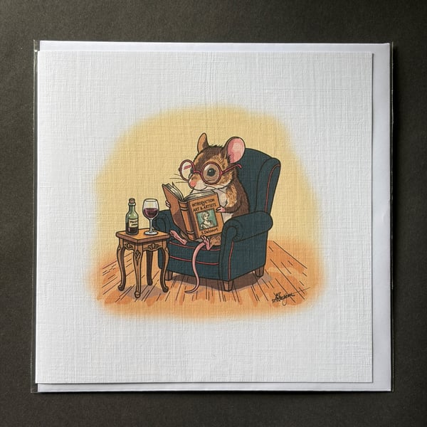 Mouse Art & Wine Greeting Card - 15cm Square - Hand-Printed Linen Card