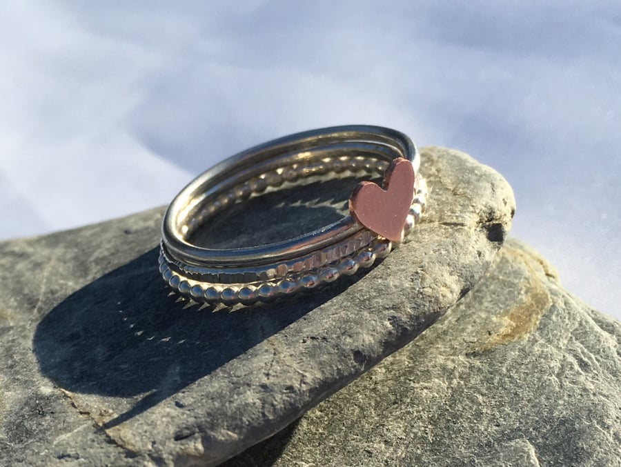 Mixed Metal Heart Stacking Ring Set, Three Ring Stack, Beaded Ring, Silver Rings