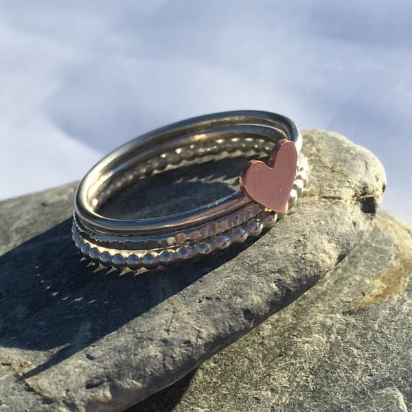 Mixed Metal Heart Stacking Ring Set, Three Ring Stack, Beaded Ring, Silver Rings