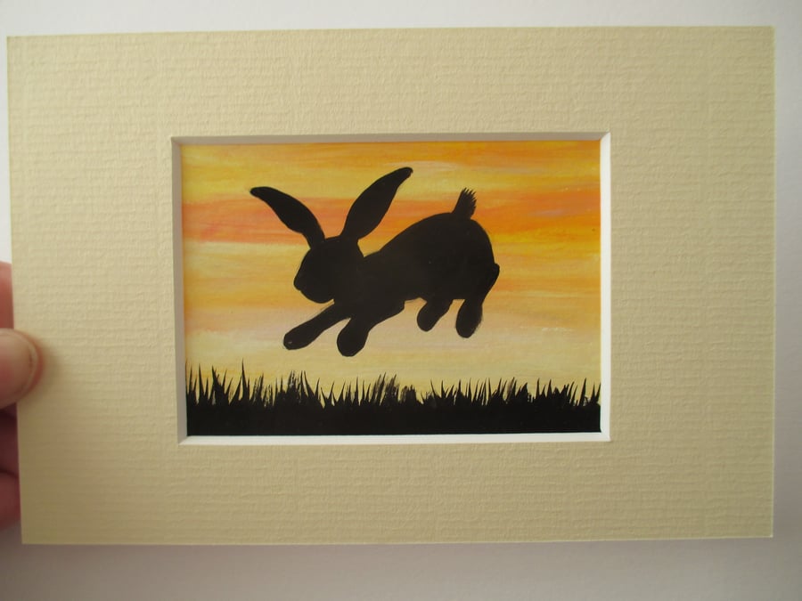 ACEO Bunny aceo original rabbit picture art silhouette painting black