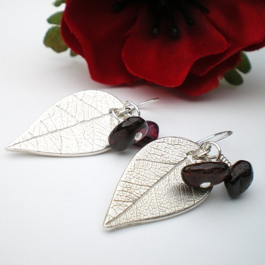 Silver Leaf and Garnet Earrings