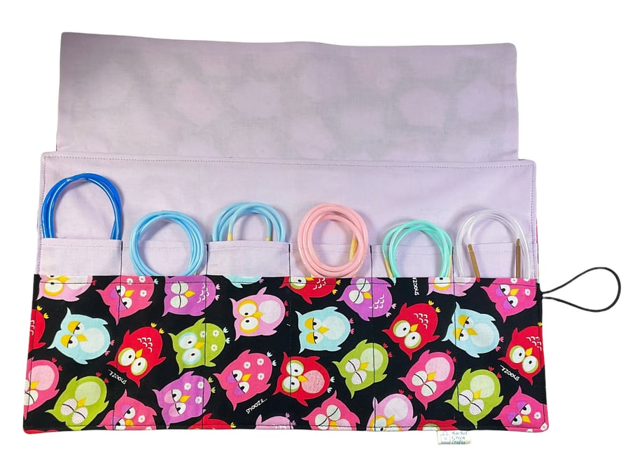 Circular needle case with owls, fixed circular pouch, sock needle knitting roll,