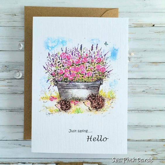Hello greetings card - all occasion, blank, roses, hedgehogs, birthday, get well