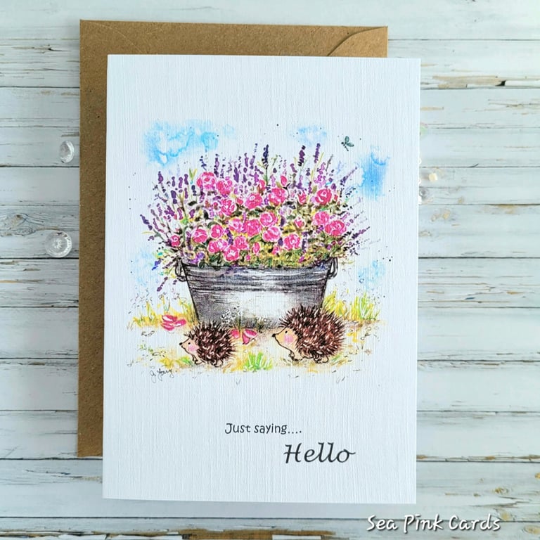 Hello greetings card - all occasion, blank, roses, hedgehogs, birthday, get well