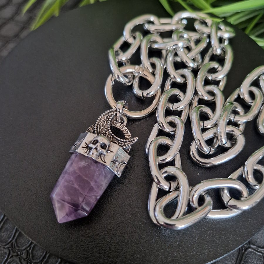 Amethyst Crystal Skull Gothic Necklace Lightweight Chain