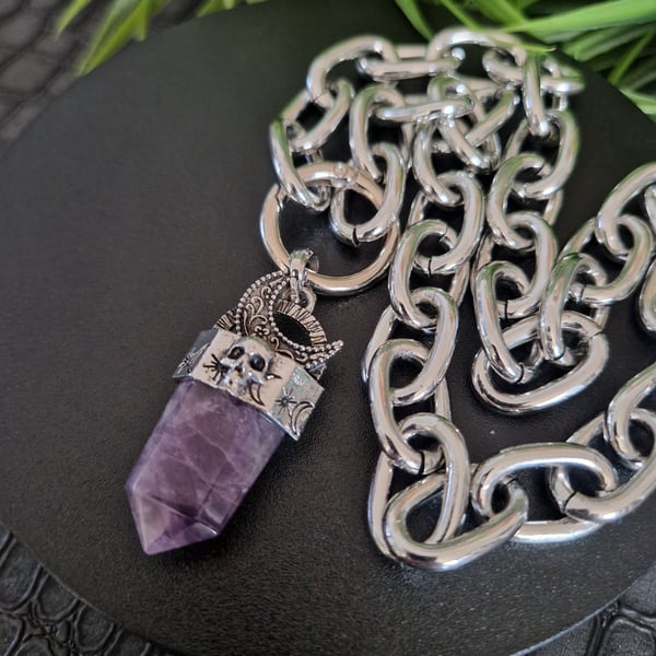 Amethyst Crystal Skull Gothic Necklace Lightweight Chain