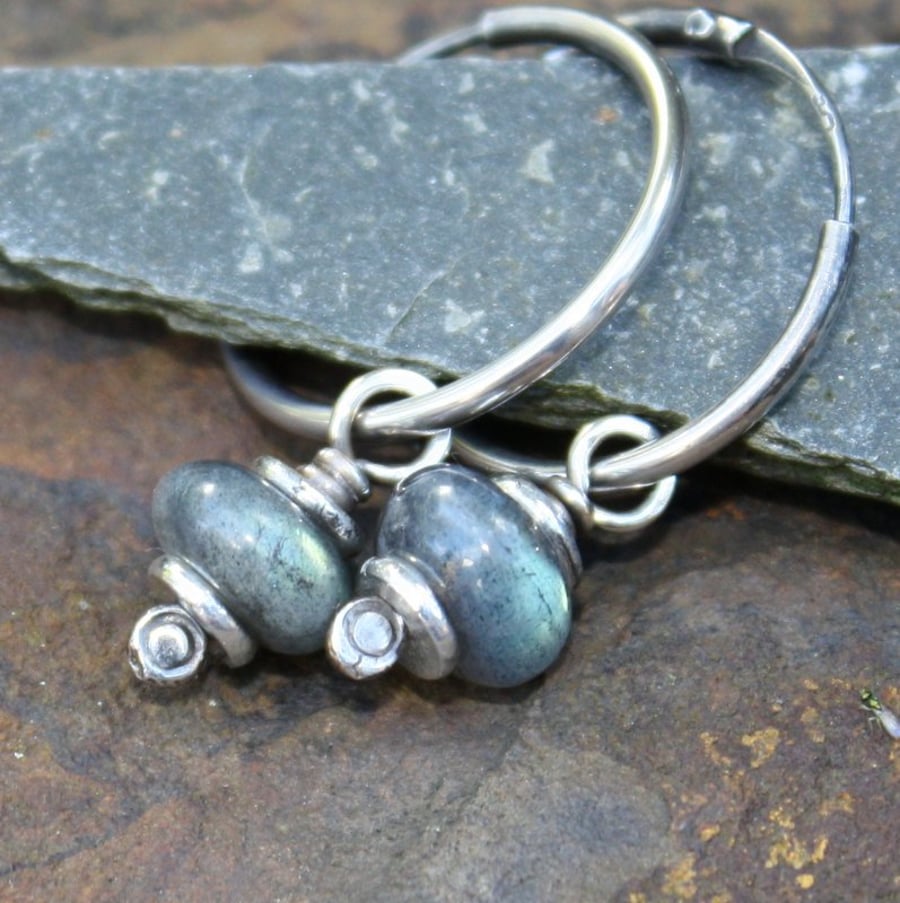Teal Green flash Labradorite and silver earrings