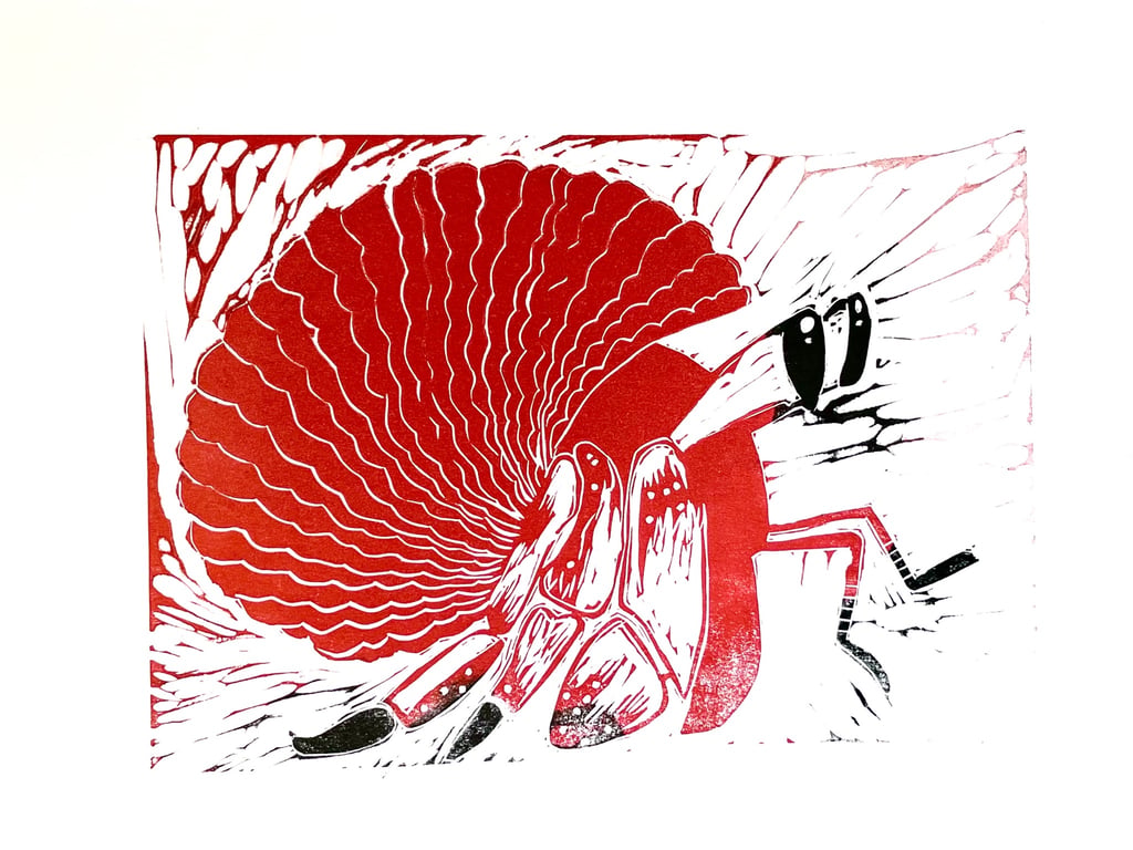 Red & Black Hermit Crab Lino Print 
