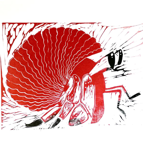 Red & Black Hermit Crab Lino Print 