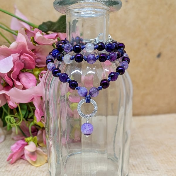 Purple hematite and agate knotted cord necklace with silver ring pendant