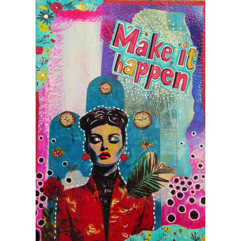 Inspirational Pop Art Collage MAKE IT HAPPEN Colourful Retro Glam Wall Decor