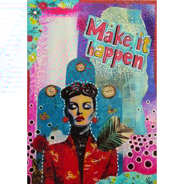 Inspirational Pop Art Collage MAKE IT HAPPEN Colourful Retro Glam Wall Decor