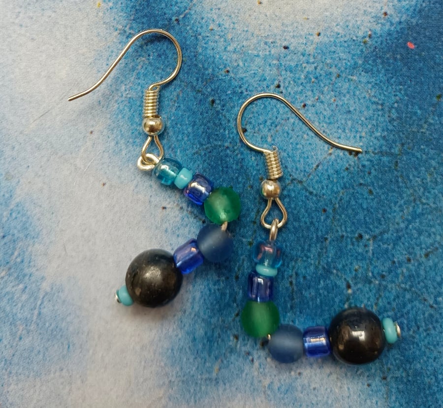 Gorgeous Blue & Green Glass Beaded Earrings