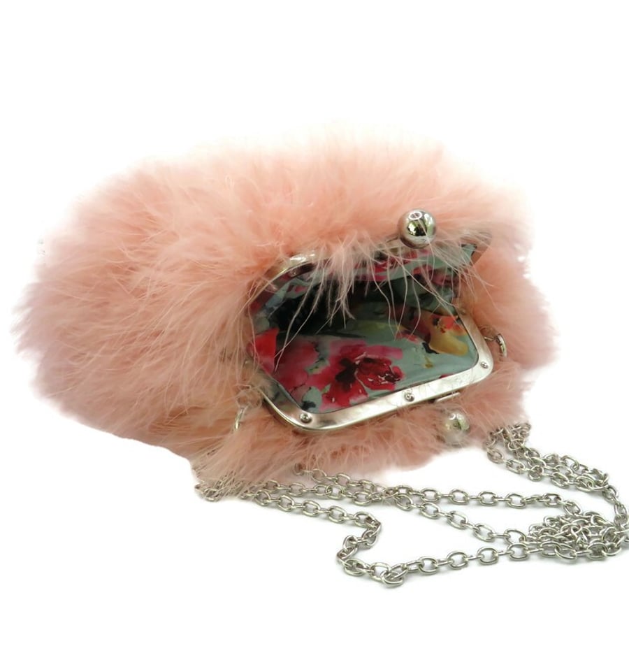 Peach marabou feather handbag with a John Louden floral lining 