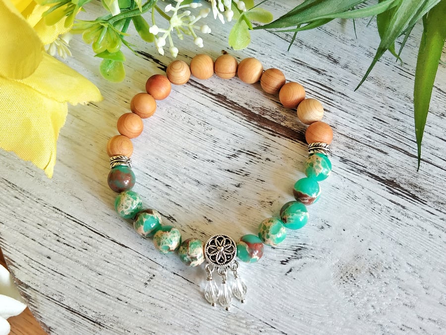 Sea Sediment Jasper and Pine Wood Dreamcatcher Bracelet