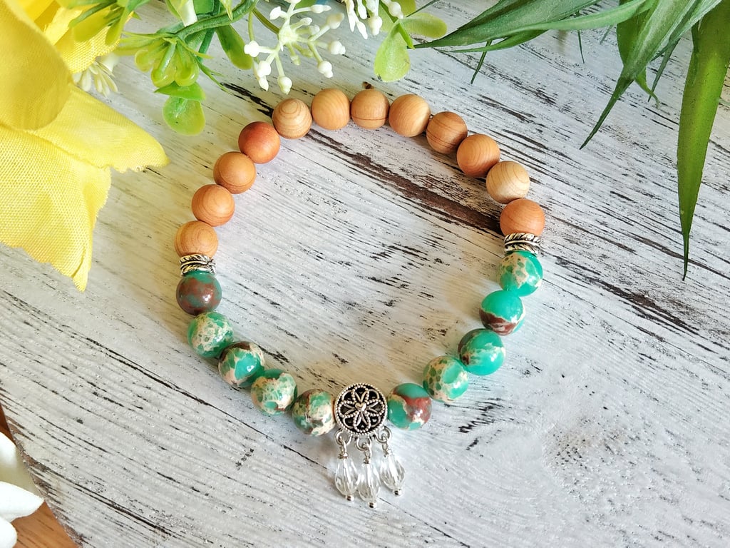 Sea Sediment Jasper and Pine Wood Dreamcatcher Bracelet