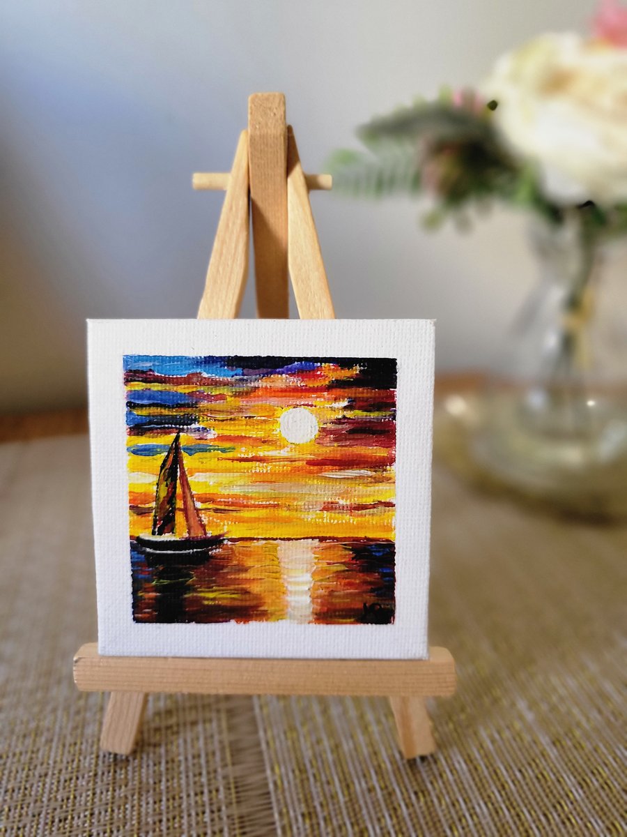 Original acrylic painting boat mini canvas seascape sunset