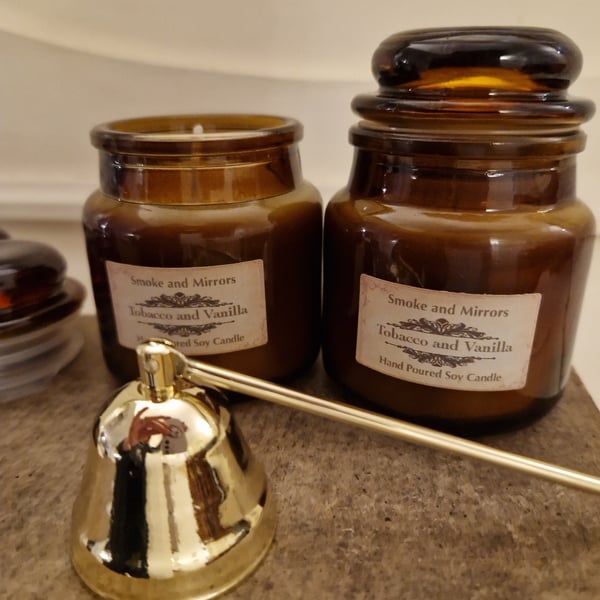 Tobacco and Vanilla Soy Candle: Vintage Amber Apothecary Jar