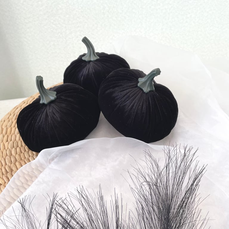 Set of 3 Black Velvet Pumpkins Dark Halloween Decor Gothic Plush Pumpkins 