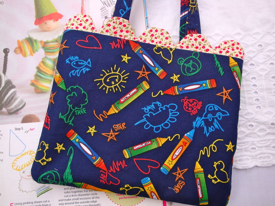 SALE Cotton Mini Handbag - Children- scalloped edge - crayons .