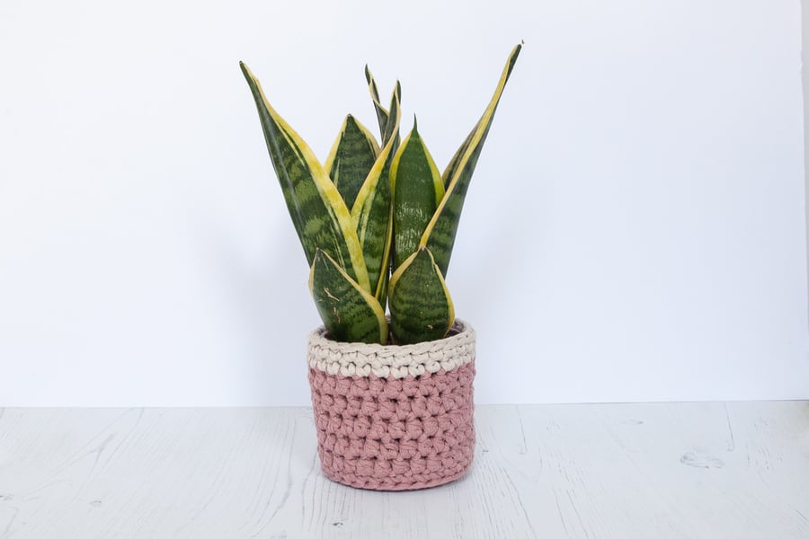 Small plant pot cover in pink & cream. Made from recycled cotton. 