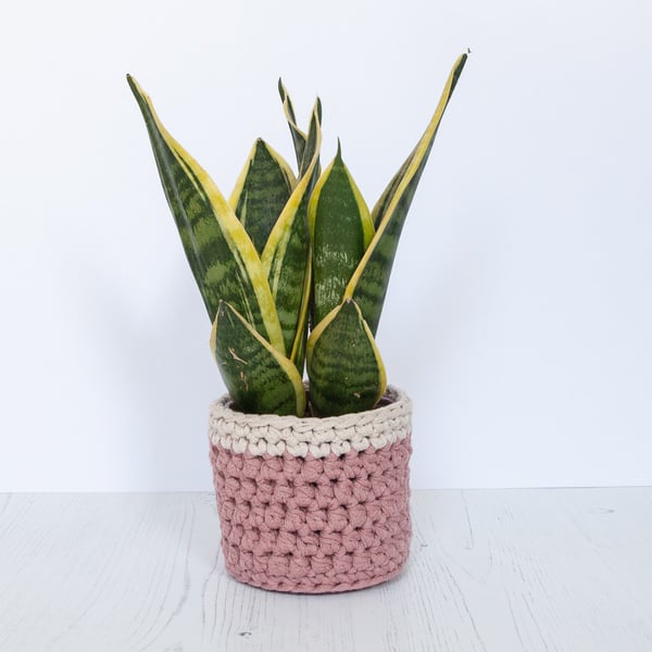 Small plant pot cover in pink & cream. Made from recycled cotton. 
