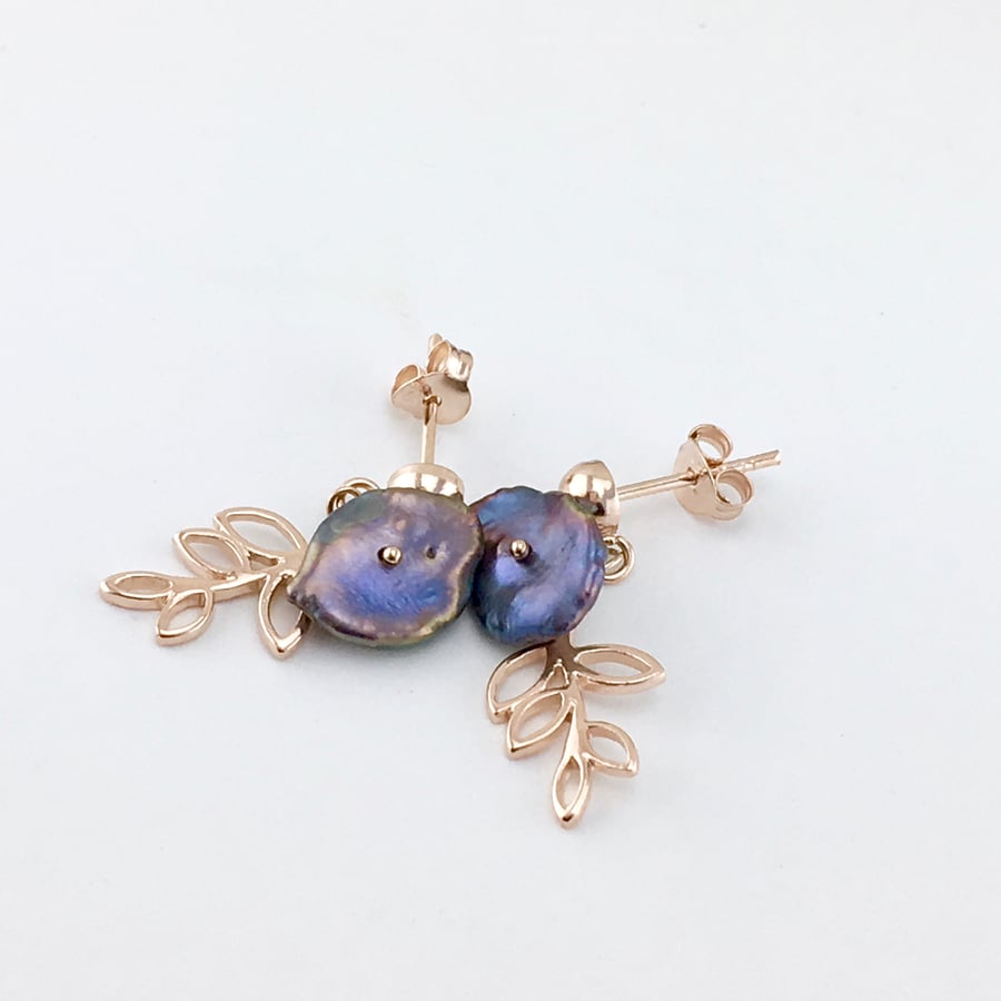 Peacock Pearl Earrings, Rose Gold Vermeil Drop Earrings Freshwater Keishi Pearl.