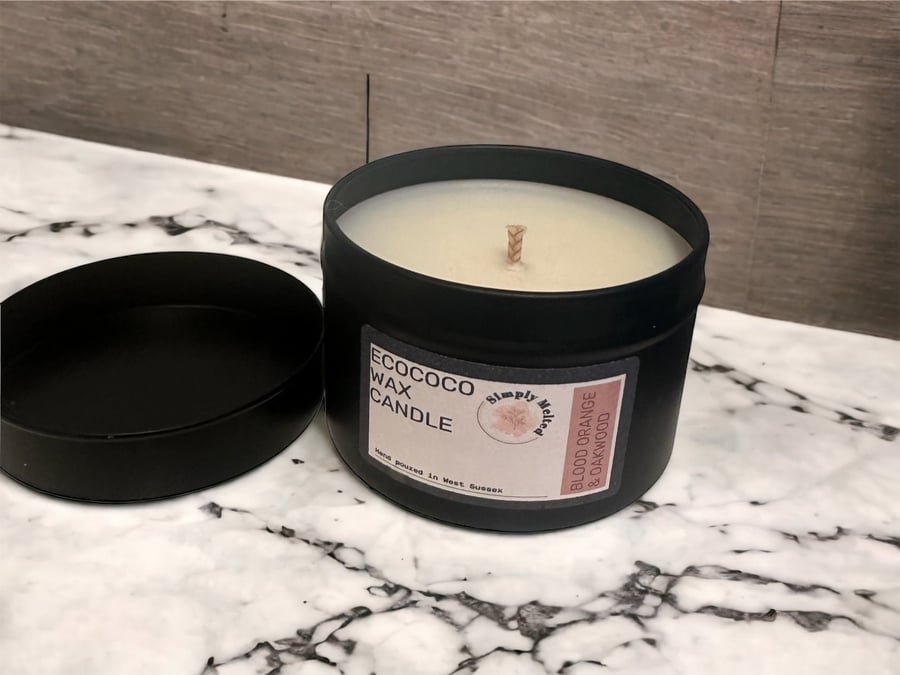 Coconut Wax Scented Blood Orange And Oakwood Candle In Stylish Modern Black Tin,