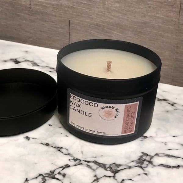 Coconut Wax Scented Blood Orange And Oakwood Candle In Stylish Modern Black Tin,