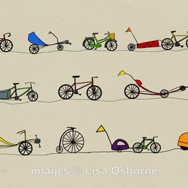 All sorts of cycles. Signed print of bicycles. Digital illustration. Bicycles