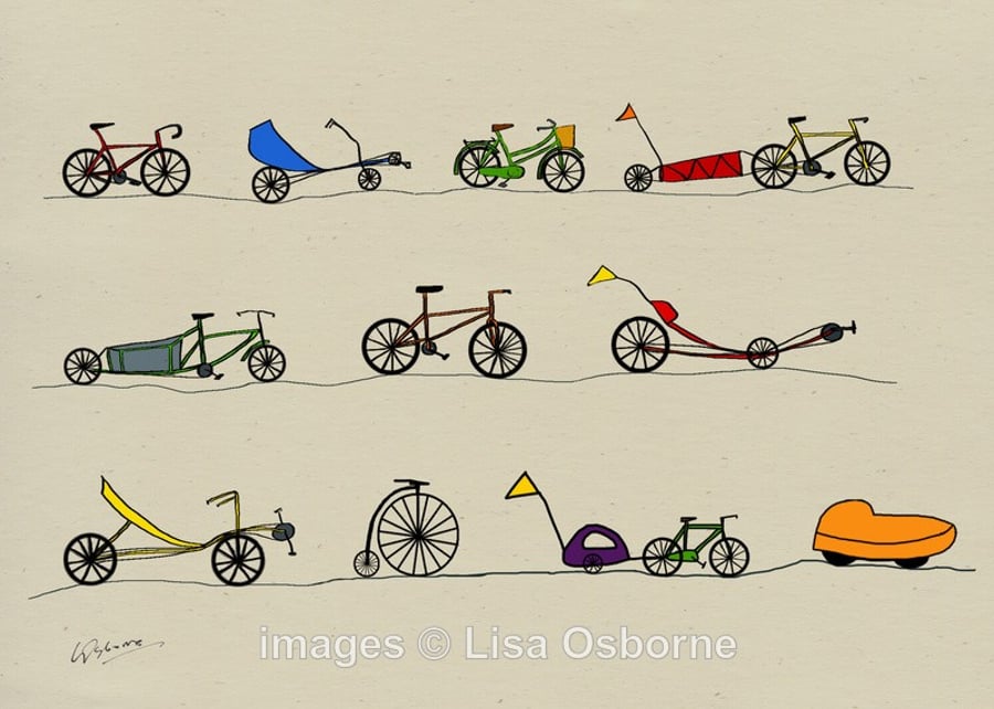 All sorts of cycles. Signed print of bicycles. Digital illustration. Bicycles