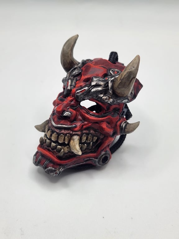 Cyber Samurai Oni Mask Rear View Mirror Charm Hand-Painted 3D Printed Car Access