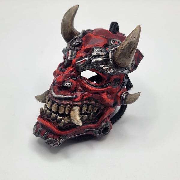 Cyber Samurai Oni Mask Rear View Mirror Charm Hand-Painted 3D Printed Car Access