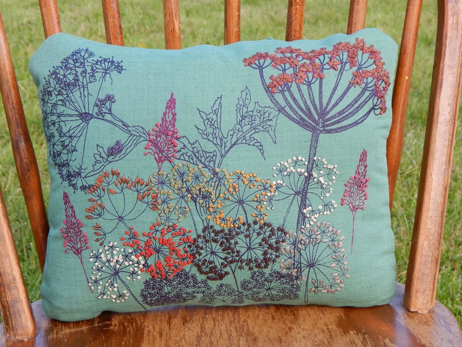 Green Linen - Screen printed wild flower cushion 