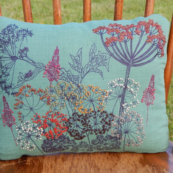 Green Linen - Screen printed wild flower cushion 
