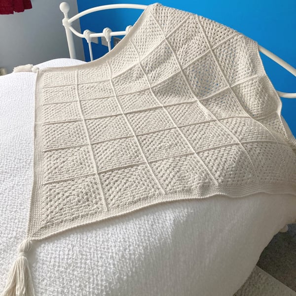 Crocheted Cream Granny Square Blanket in Cream