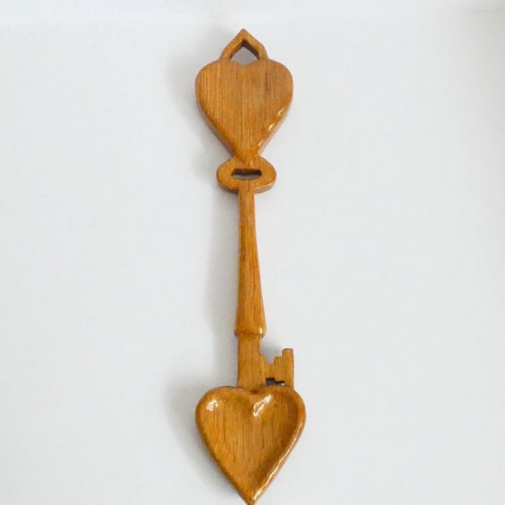 Handcrafted Wooden Oak Love Spoon with a Heart and a Key Stem