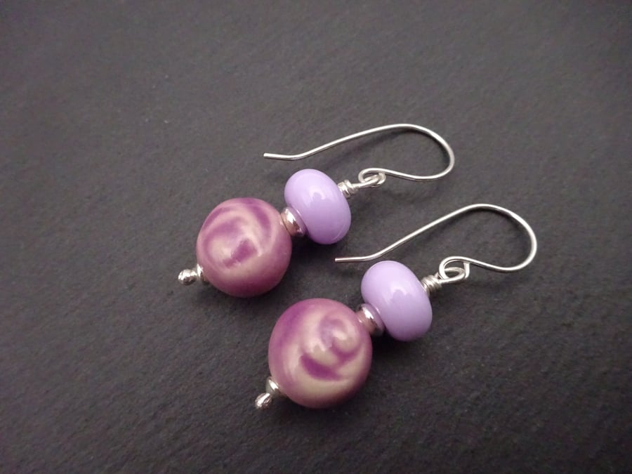 sterling silver earrings, lilac lampwork glass and ceramic rose jewellery