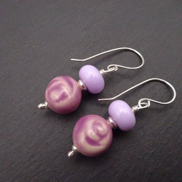 sterling silver earrings, lilac lampwork glass and ceramic rose jewellery