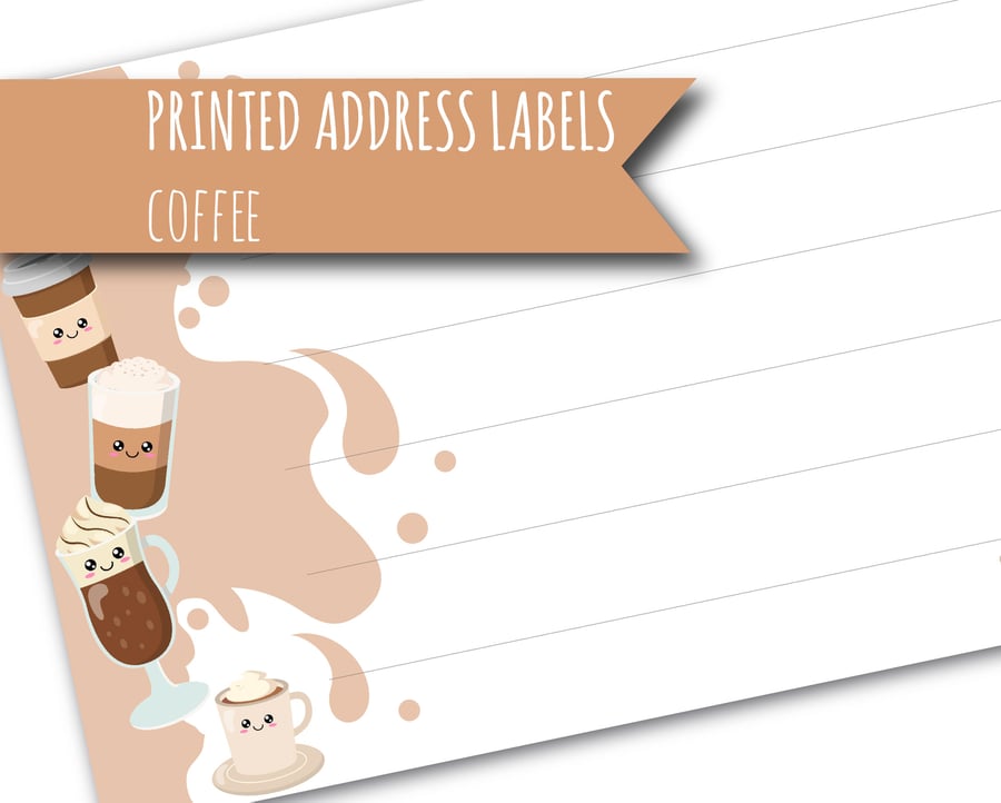 Printed self-adhesive address labels, with cute coffee drinks