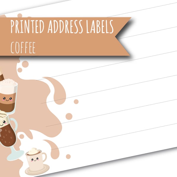 Printed self-adhesive address labels, with cute coffee drinks