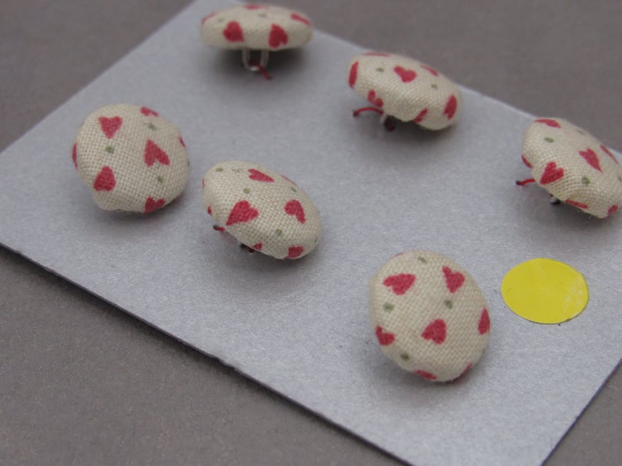 6 Tiny Handmade Cream and Red Heart Buttons
