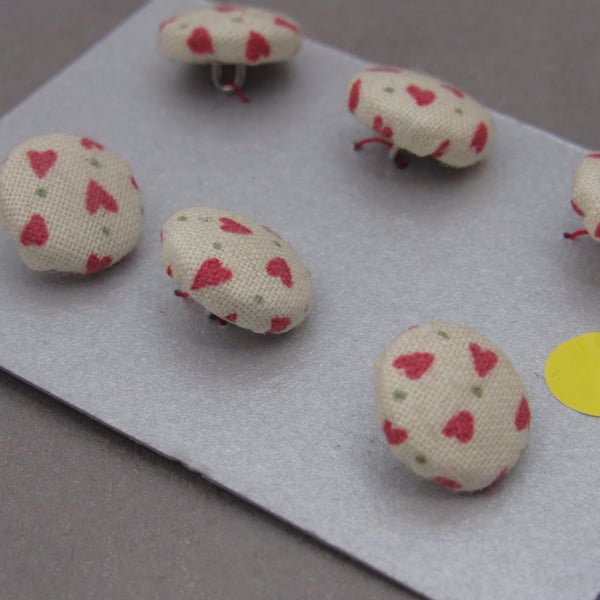 6 Tiny Handmade Cream and Red Heart Buttons