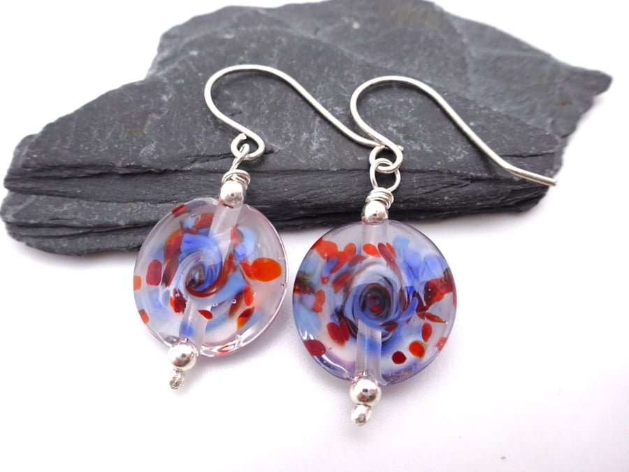 orange red and blue swirl lampwork glass earrings