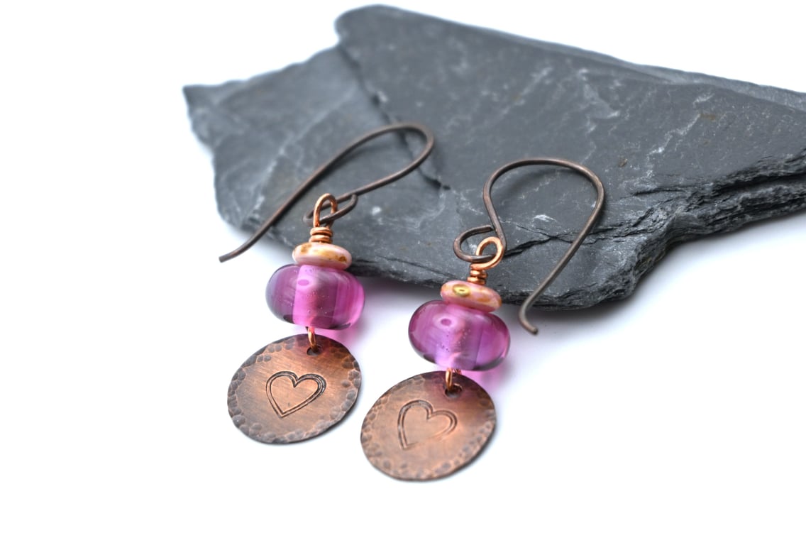 copper hearts, lampwork glass earrings