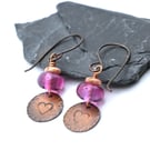 copper hearts, lampwork glass earrings