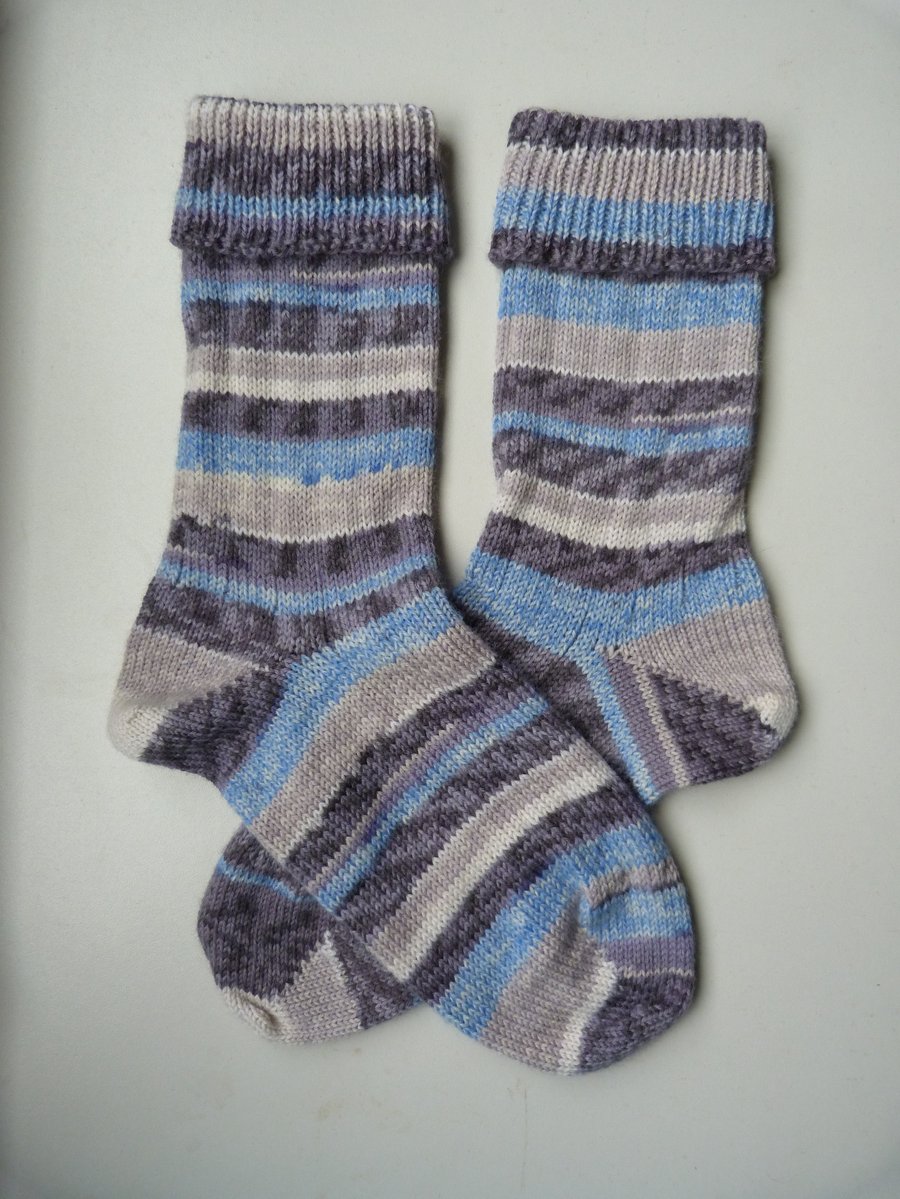Knitted Ribbed Wool Socks Size 6 to 7 Mismatched Turnover Tops