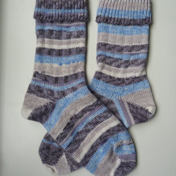 Knitted Ribbed Wool Socks Size 6 to 7 Mismatched Turnover Tops