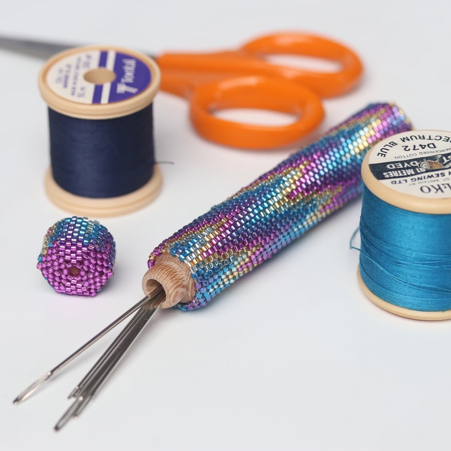 Long Beaded Wooden Needlecase in Shimmer Design