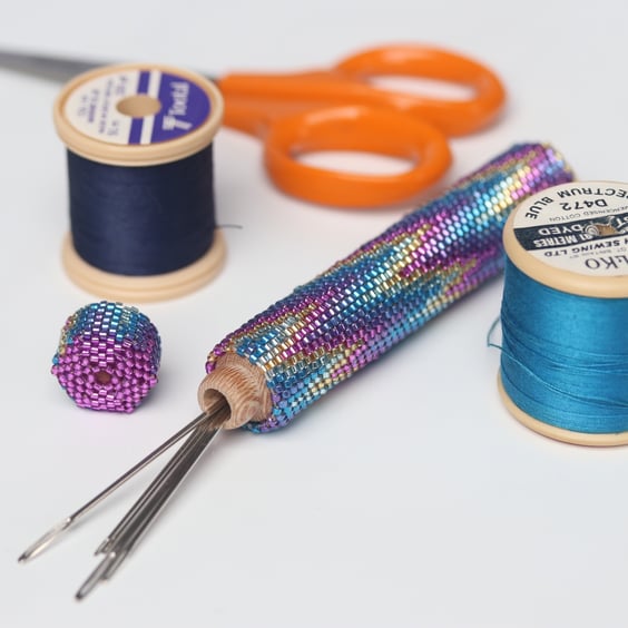 Long Beaded Wooden Needlecase in Shimmer Design